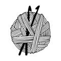 Vector drawing in the style of doodle. a ball of wool for knitting and crocheting and two crochet hooks. black and white graphic d